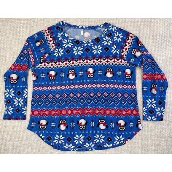 Owl Holiday Christmas Sweater Women's XL Stretch Blue Lightweight Snowflakes - Picture 1 of 5